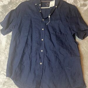 Porter & Ash Button Up Shirt Size XL  Short Sleeve 100% Linen Blue